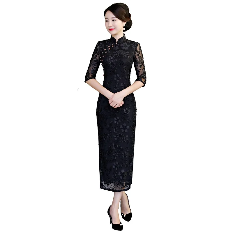 Shanghai Story 2022 New Sale Beaded Cheongsam Dress Half Sleeve Lace Velvet Qipao Long Oriental Dresses for Women