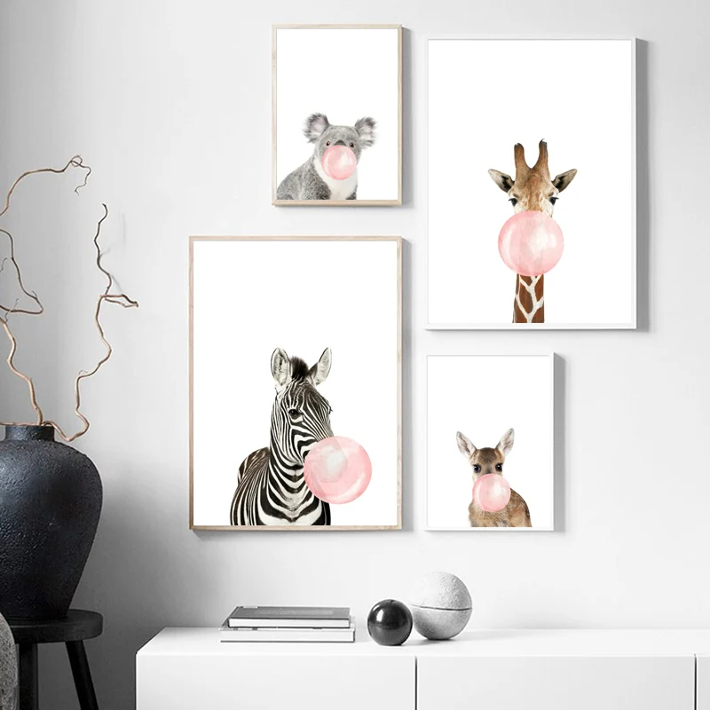 Розовый жевательная резинка жираф зебра картина с рисунком животных Детская настенная Художественная печать скандинавский плакат мультфильм настенные картины Детская комната Декор
