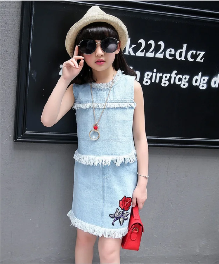 2017 Summer New Sweet Baby Girls Korean Style Dresses Sleeveless Vest+Floral Skirt Set Fashion Denim Kids Clothing Free Shipping