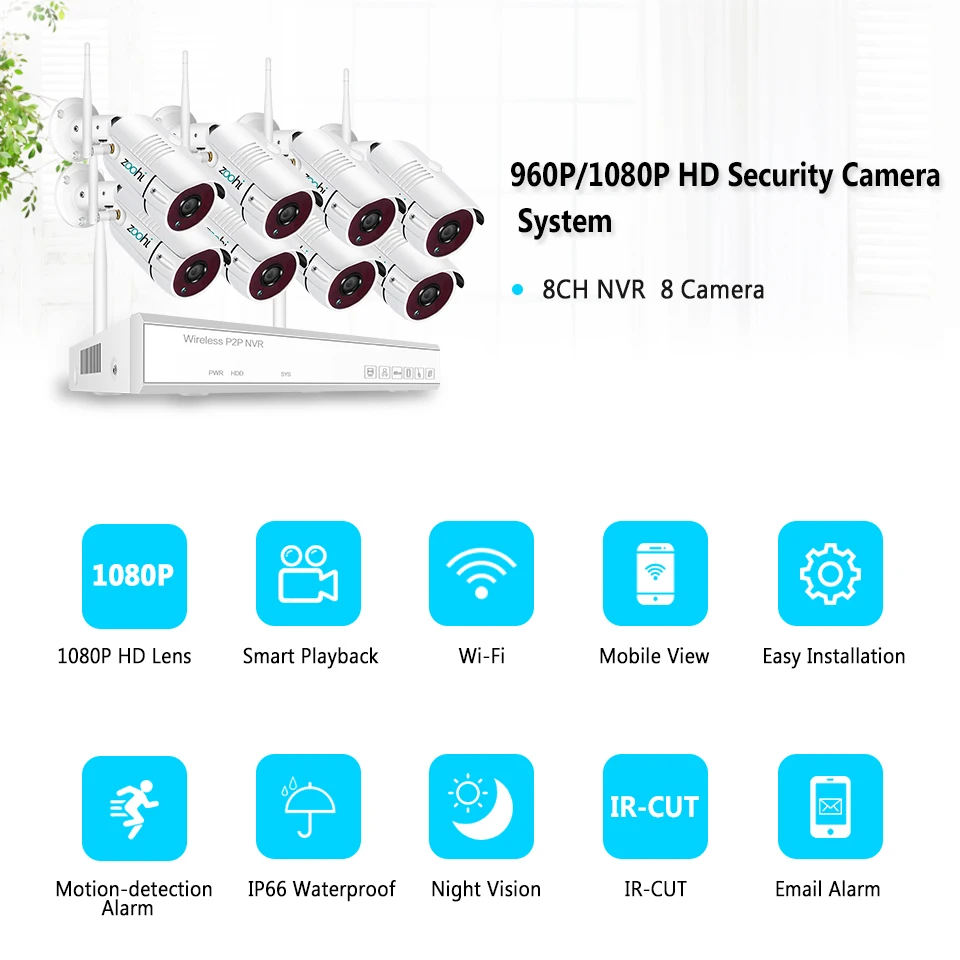 Zoohi 1080 P HD Беспроводной безопасности Камера Системы 8CH 2.0MP Wi-Fi видеокамера с Камеры Скрытого видеонаблюдения Системы Наборы IP66 открытый Ночное видение