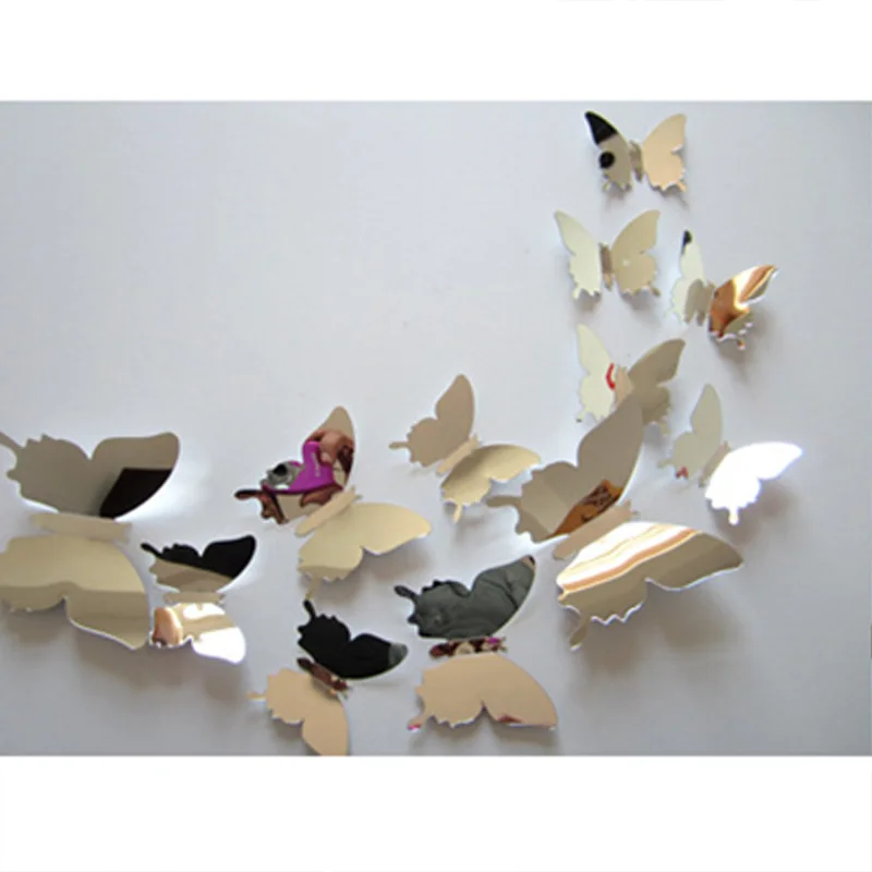 

12pcs/set Mirror Wall Stickers New Arrive Mirror Sliver 3D Butterfly Wall Stickers Party Wedding Decor DIY Home Decorations