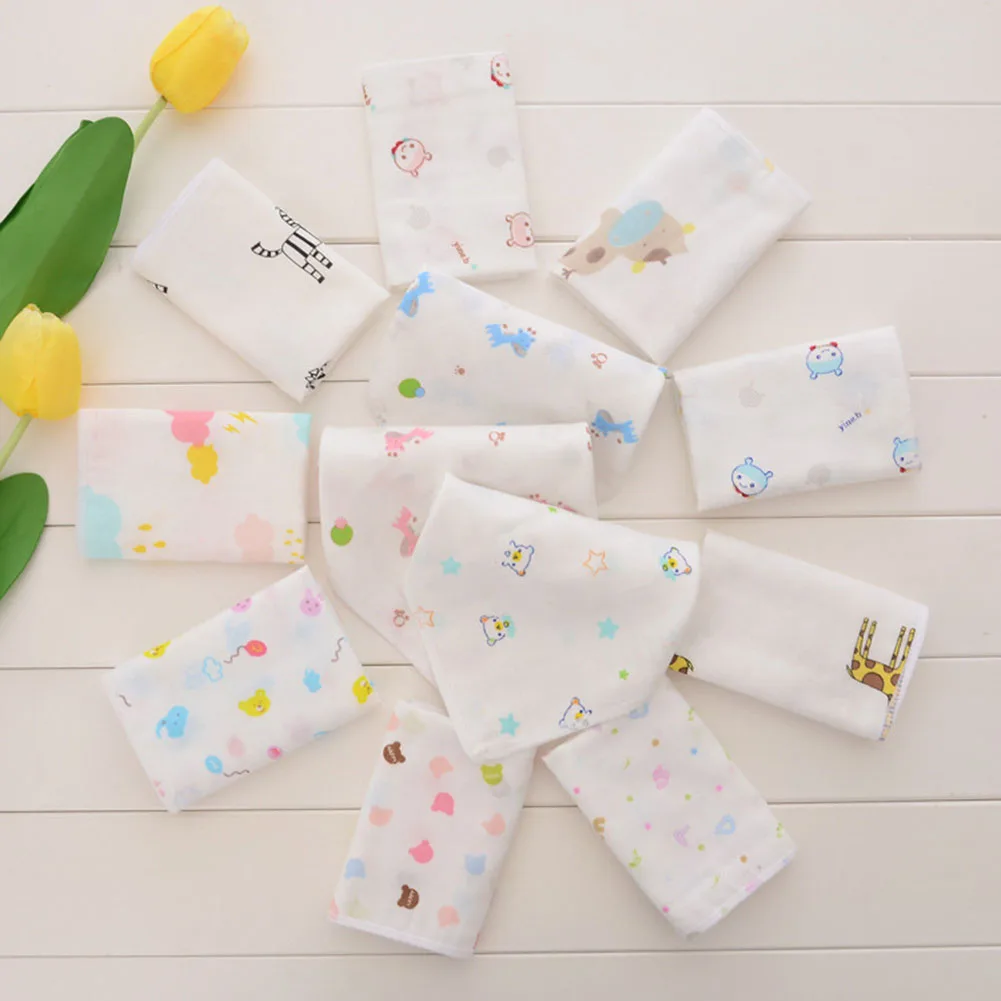

100% Cotton Gauze Newborn Baby Infant Cartoon Face Hand Bathing Towel Bibs 25*25 Feeding Square Towels Handkerchief