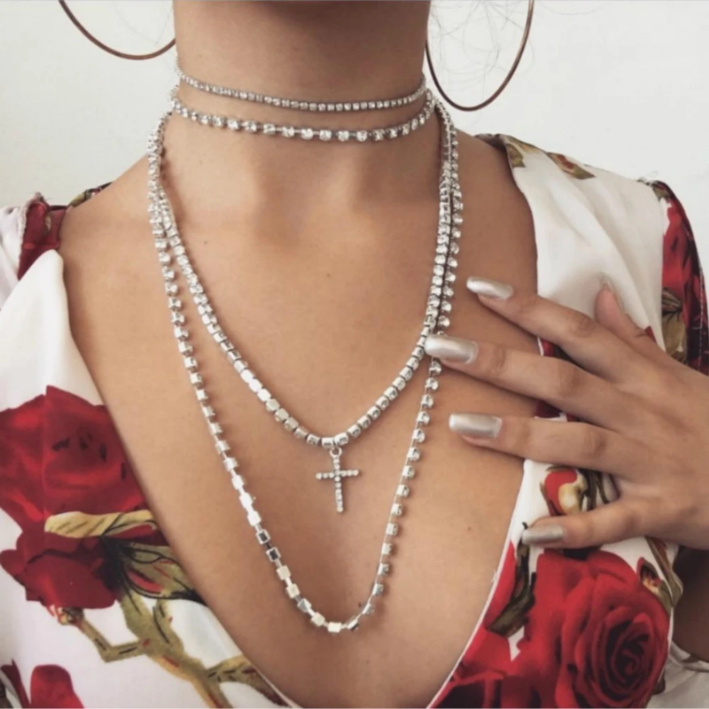 

StoneFans Multi-layer Long Rhinestone Choker Necklace for Women Luxury Cross Crystal Chocker Chain Necklace Jewelry Gifts