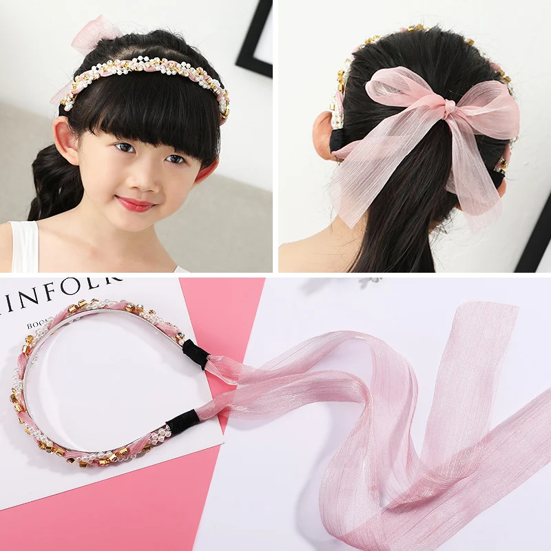 

Children Lovely Hair Hoop With Fairy Lace And Bright Pearls Head Decorated Bands Girl's Hair Accessories