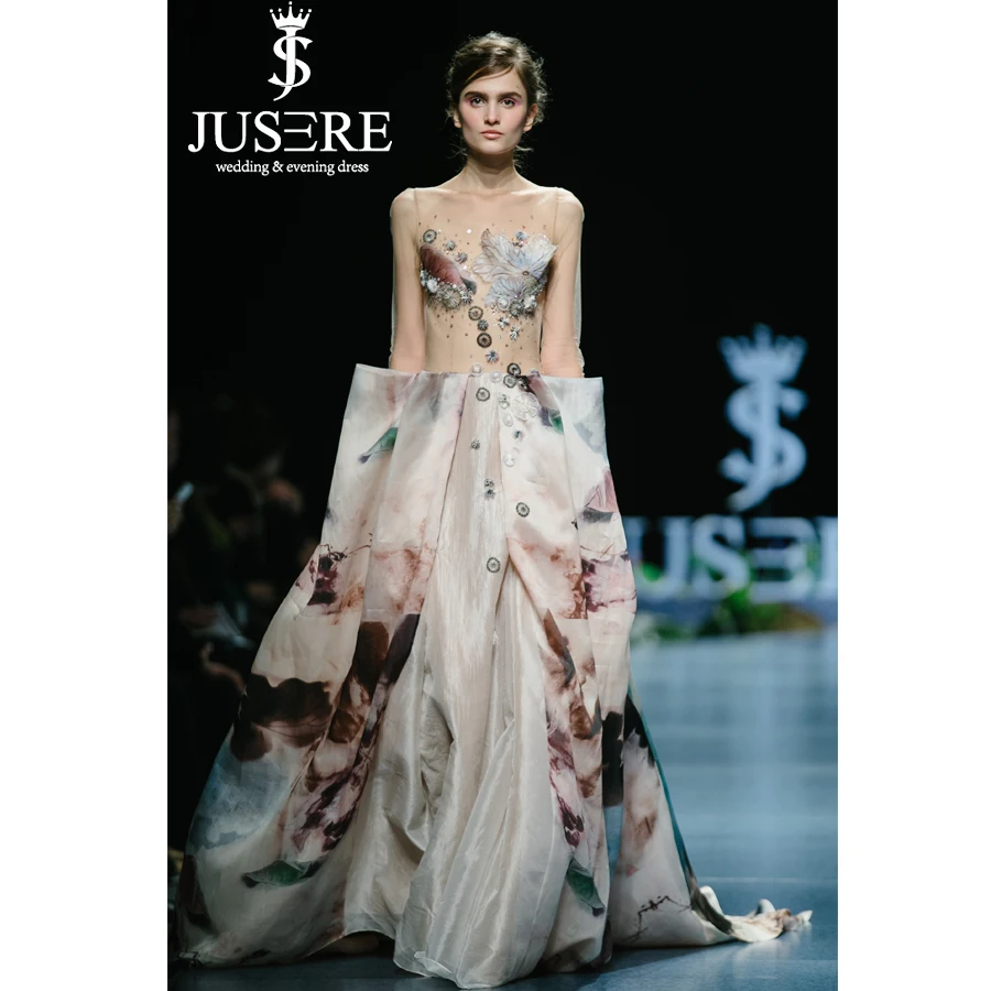 

JUSERE 2019 SS FASHION SHOW Charming Long Evening Dress Hand Beaded Embroidery Court Train Floor Length Formal Party Gowns