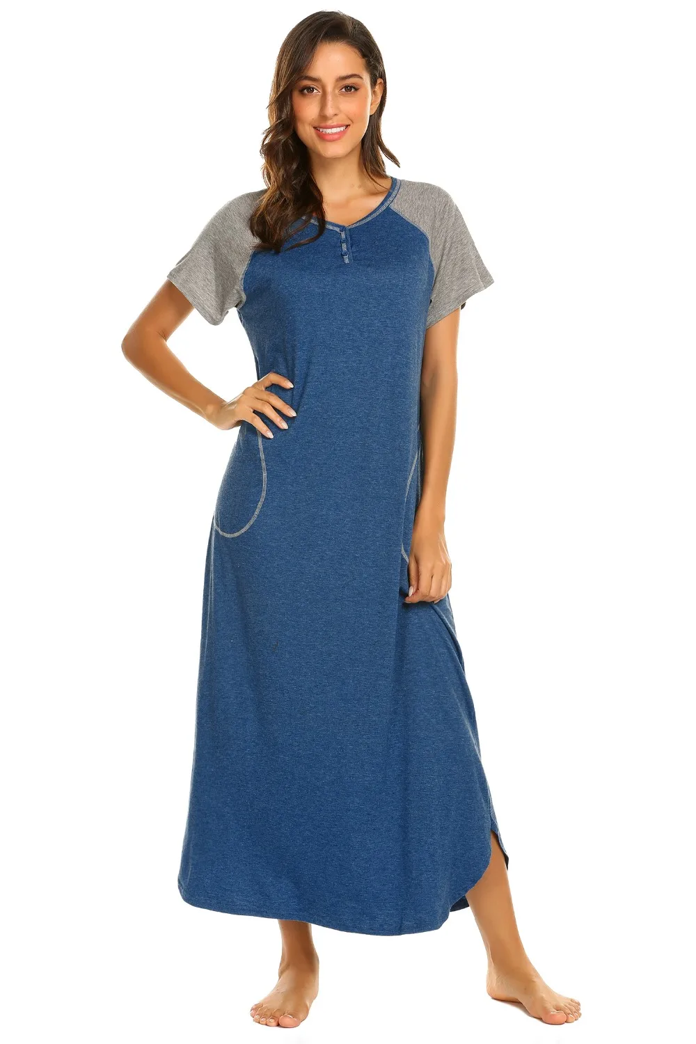 Ekouaer женская ночная рубашка, одежда для сна, платье с v-образным вырезом, короткий рукав, пэтчворк, длинная ночная рубашка, сорочка, ночная рубашка, мягкое платье для отдыха
