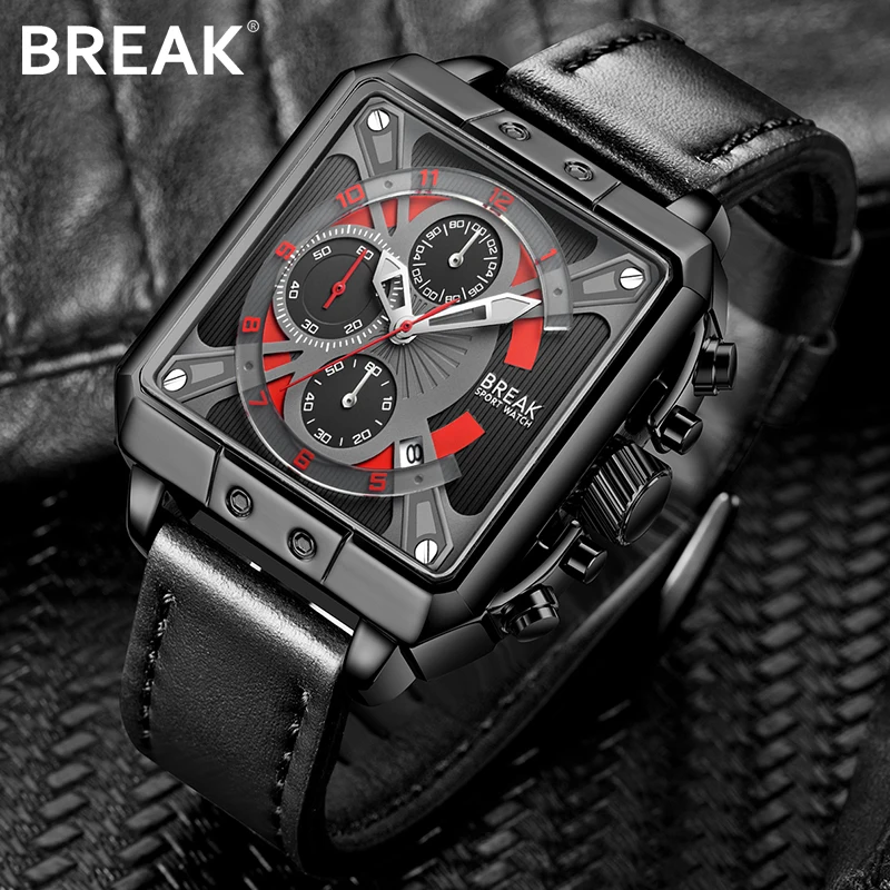 BREAK Men 2019 New Luxury Top Brand Quartz Sport Watch Square Dial Leather Strap Calendar Gift Wristwatches | Наручные часы