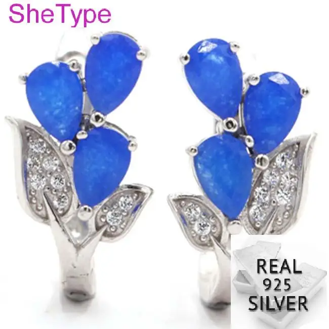 

5.0g Romantic Real Blue Sapphire Leaf White CZ Gift For Girls 925 Solid Sterling Silver Stud Earrings 20x11mm