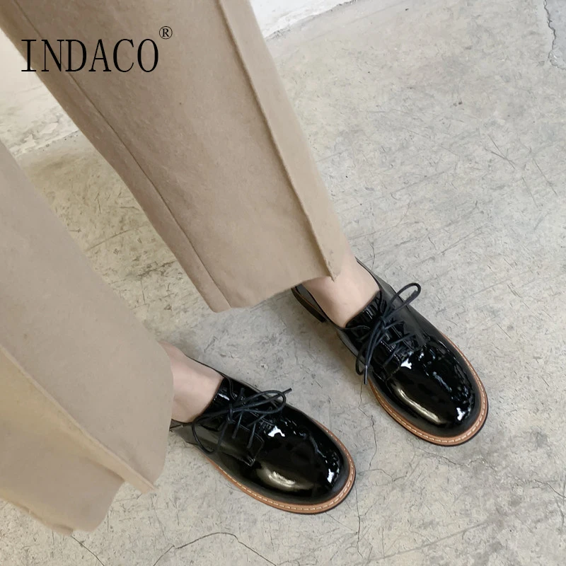 

2019 Women Fashion Leather Shoes Black Brogue Shoes Lace Up Casual 3.5cm
