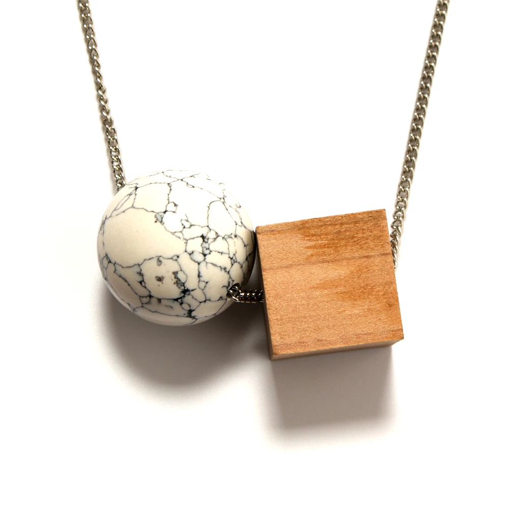 Necklace geometry round white square wood combination pendant long necklace