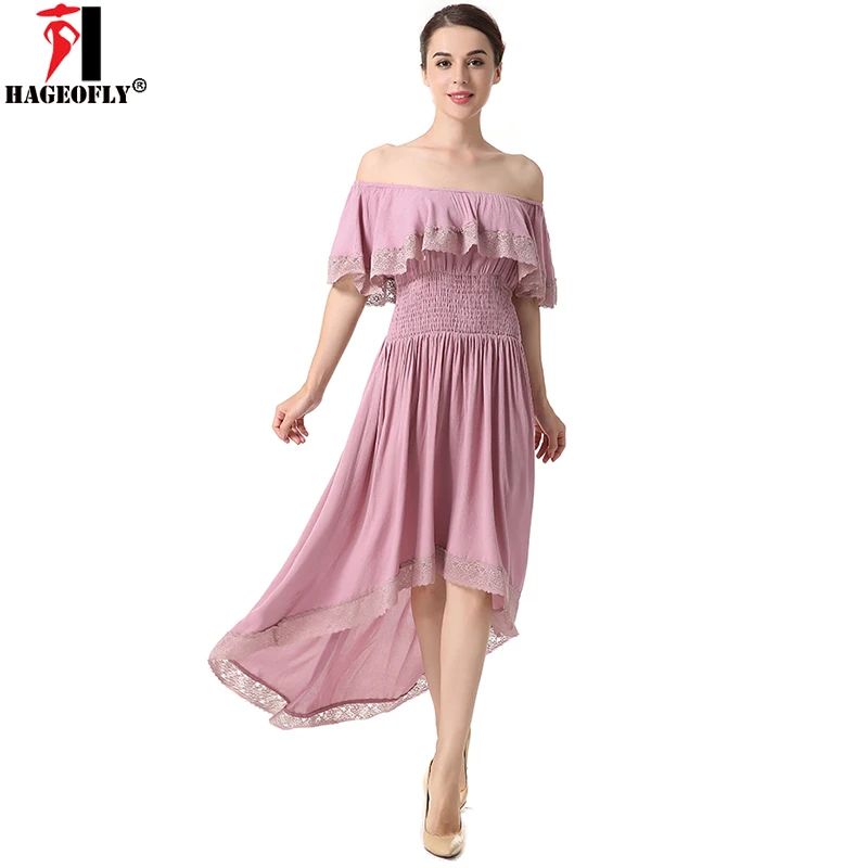 HAGEOFLY Women Summer Dress 2018 New Casual Pink Beach Mid Calf Pleated