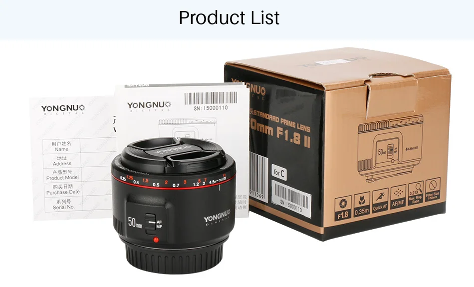 YONGNUO YN50mm F1.8 объектив YN50mm F1.8 II объектив EF 50 мм для Canon Большая диафрагма Авто фокус линзы для 700D 750D 800D 5D Mark II IV