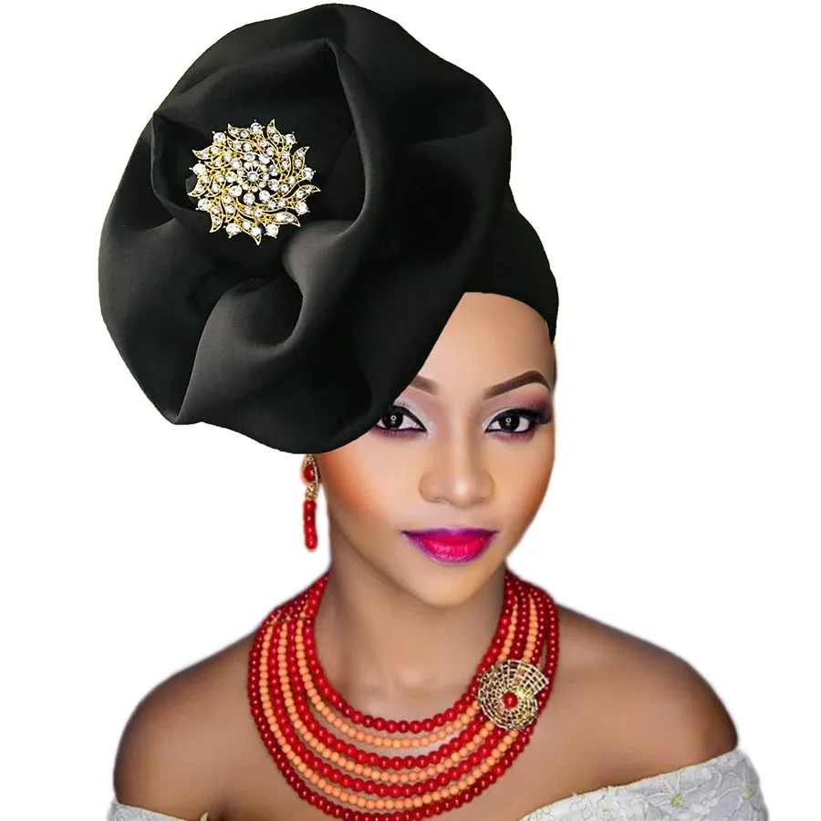 Нигерийский геле головной убор с бусинами уже сделанный Авто Хеле тюрбан шапка африканская aso ebi геле aso oke головной убор с бисером - Цвет: black
