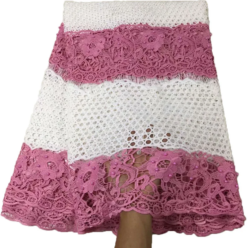

Pink/White Beaded Guipure Cotton Lace Nigeria Embroidered Wedding Water Soluble Lace Fabric African Cord Lace Fabrics X844-4