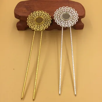 

5 PCS 12mm Round Cabochon Base Hair Sticks Copper Flower Hairpins Blank Setting For Women Jewelry Making