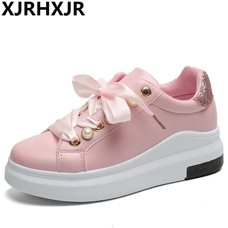 

XJRHXJR 2018 Autumn Fashion casual shoes women Platform Shoes female Trainers Gold white pink shoes tenis feminino