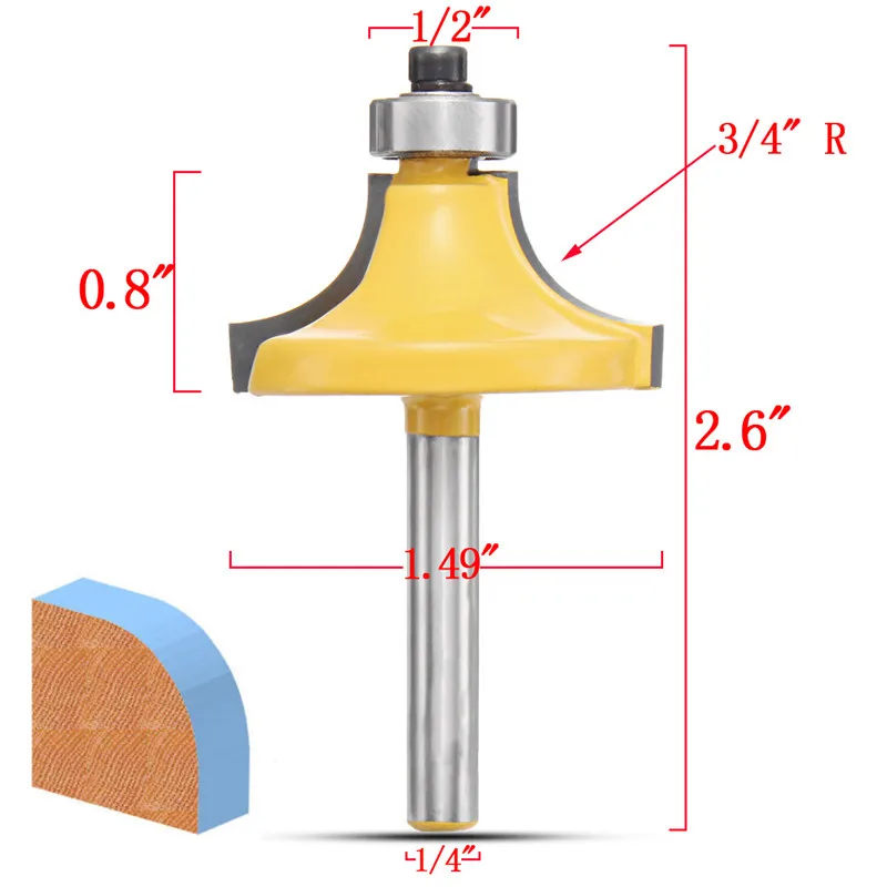 1/4'' Shank 3/4'' Radius Woodwork Cutter Tool Corner Edge Round Over