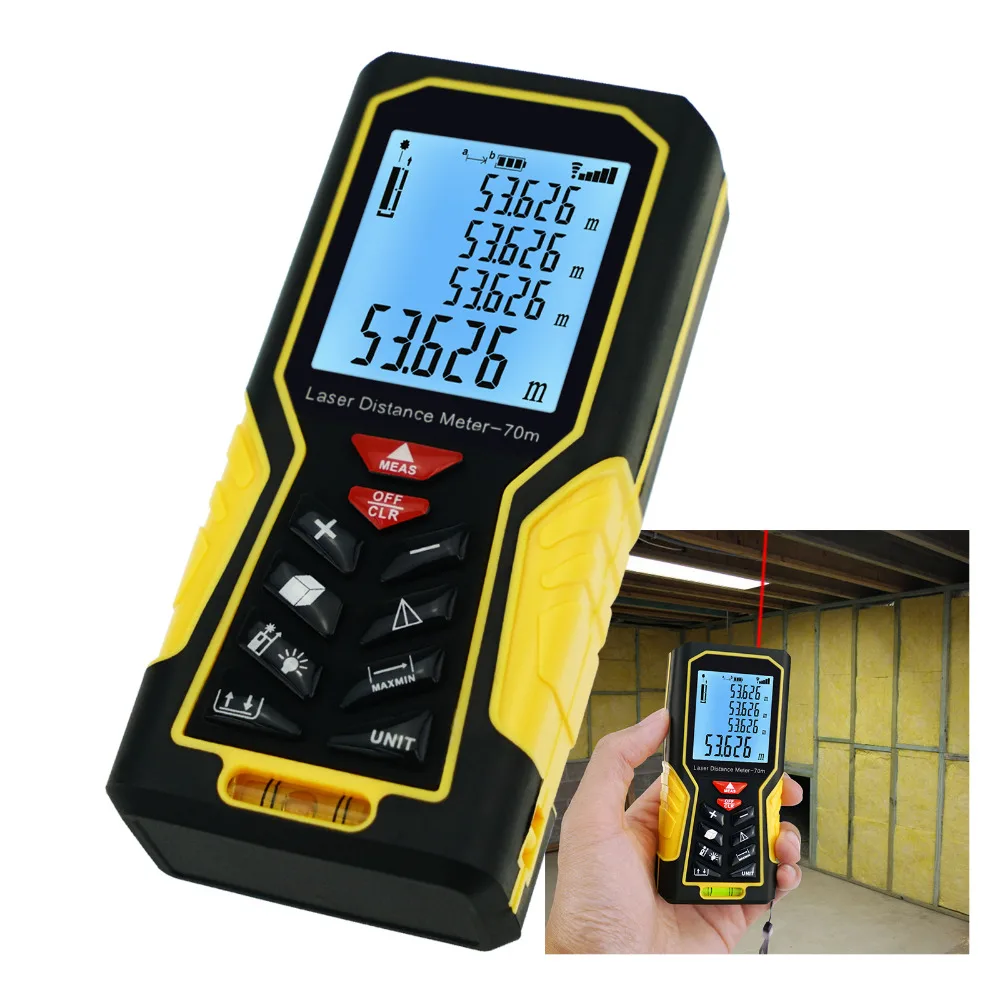 

Digital Laser Distance Meter 70m(229ft) Handheld Range Finder Area & Volume Measuring Tools w/ Backlight and Spirit Bubble Level