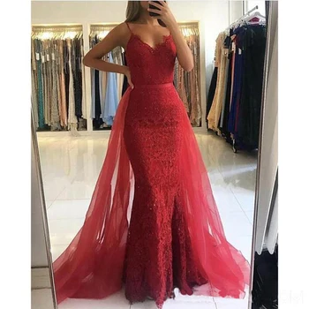 

Red Lace Beaded Mermaid Evening Dresses Abiye Dubai With Detachable Train 3D Flower Prom Gowns Off Shoulder Abendkleider