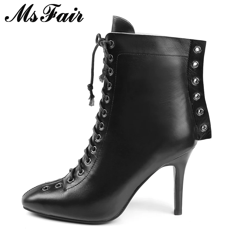 

MsFair Cross Tied Women Ankle Boot Round Toe Thin Heels Super High Heels Ladies Ankle Boot 2017 New Winter Rivet Women's Boots
