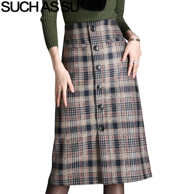 New Woolen Plaid Skirt Women Winter 2018 Brown Single Breasted High