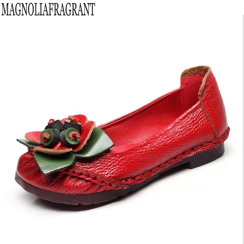 

Shoe Woman Flat Genuine Leather Women Brand Casual Shoes Loafers Fashion Flower Flats Moccasins Ladies Large size mother shoes c