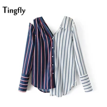 Tingfly Autumn Women Off the Shoulder Striped Shirt Sexy Hole Long Sleeve Female Blouse Top Vintage Blue Blusas Ropa Mujer