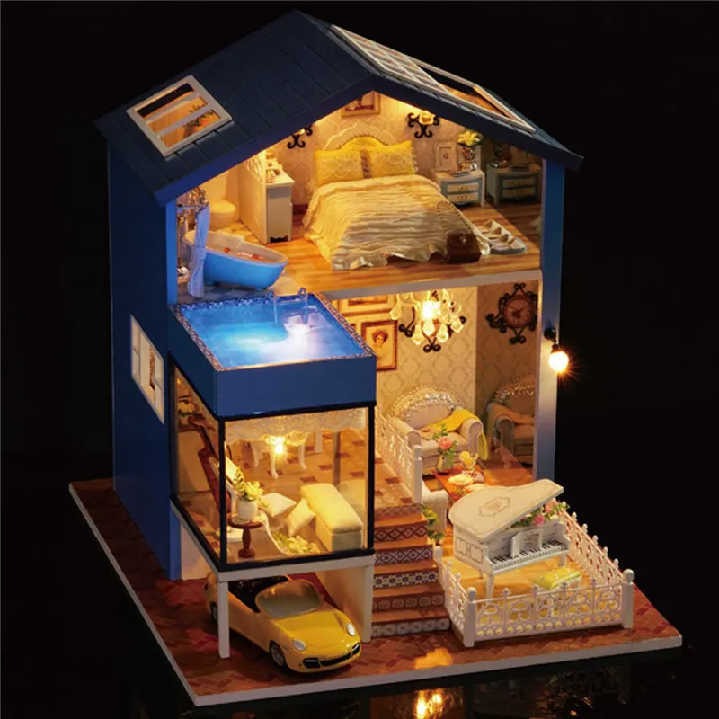 

Fashion Wooden Assembled Cottage DIY Dollhouse Miniature With Furniture LED Light Home Room Set Gift Toys