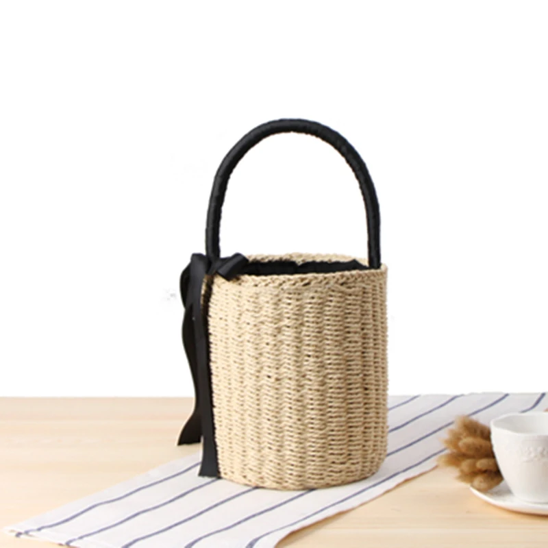 Women Handbag Summer Beach Female Ribbon Straw Bags Lady Vintage Drawstring INS Popular Basket Casual Weave Travel Tote SS3100 (11)