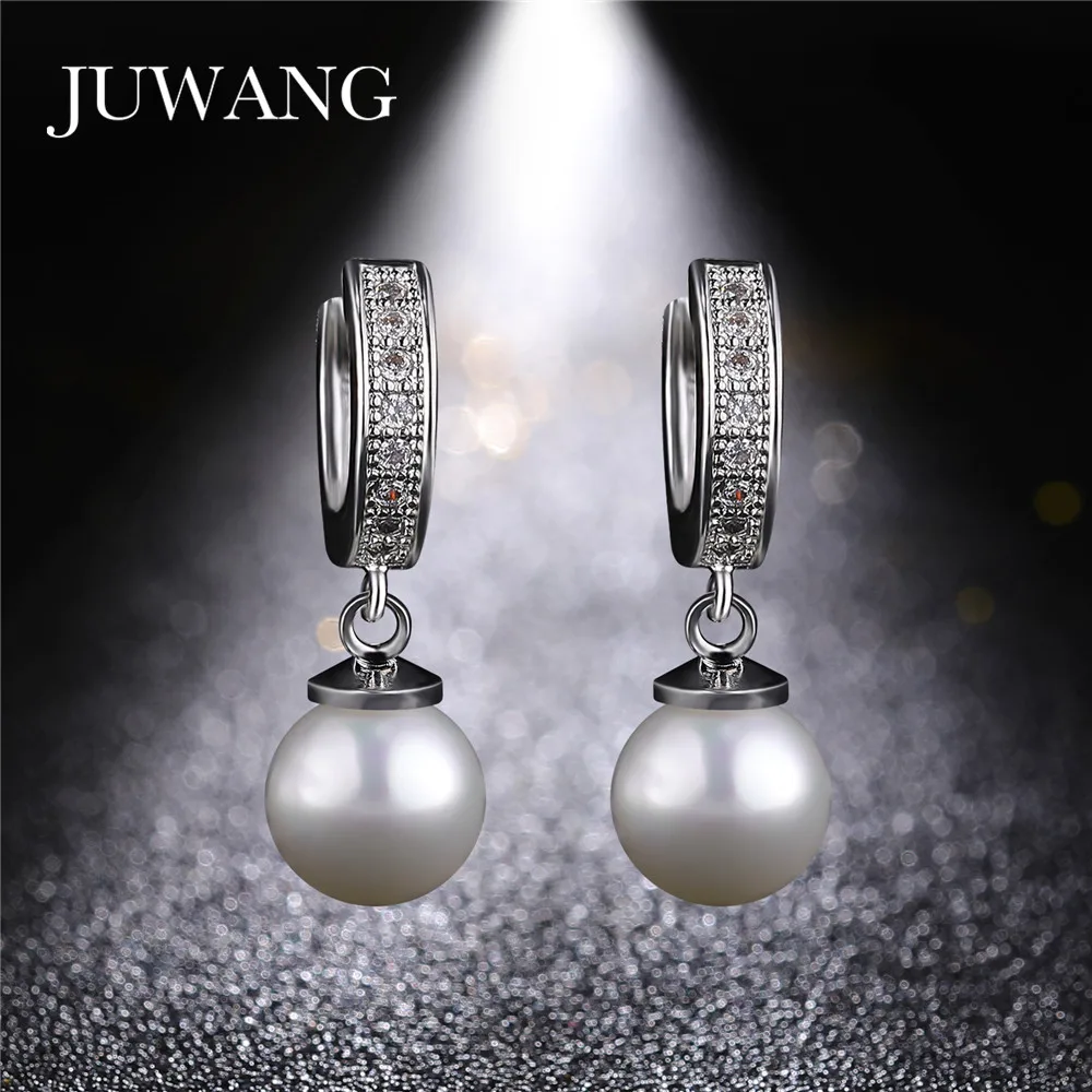 

JUWANG Brand Silver Color Drop Earrings for Woman Round Romantic Pure Love Imitation Pearl Earring With AAA Zircon Jewelry Gift