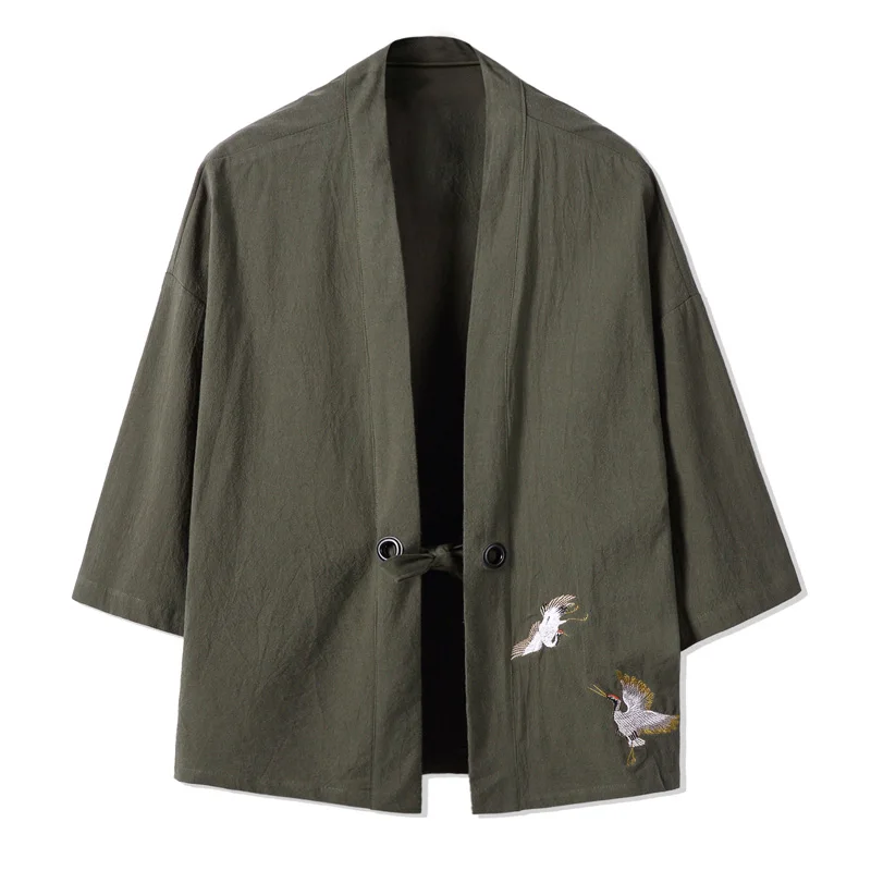 MRDONOO кимоно китайский стиль для мужчин ретро три четверти рукав кардиган куртка для китайской одежды хан Свободные Большой Хлопок Лен Топ - Цвет: Армейский зеленый