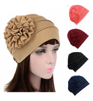 

PADEGAO 5pcs women Chemo Hair Cap for Cancer Big Flower decor solid wrap cap Muslim India style headscarf hat turban wrap hat