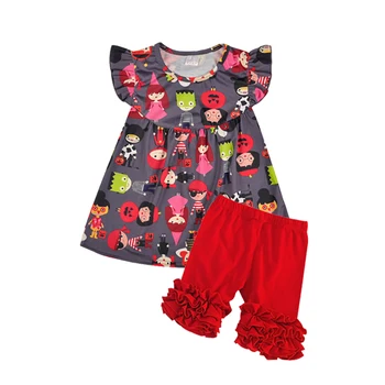 

Wholesale Price New Summer Clothes Kids Flutter Sleeve Cartoon Top Ruffle Solid Shorts Sets Girls Boutique Cotton Clothing