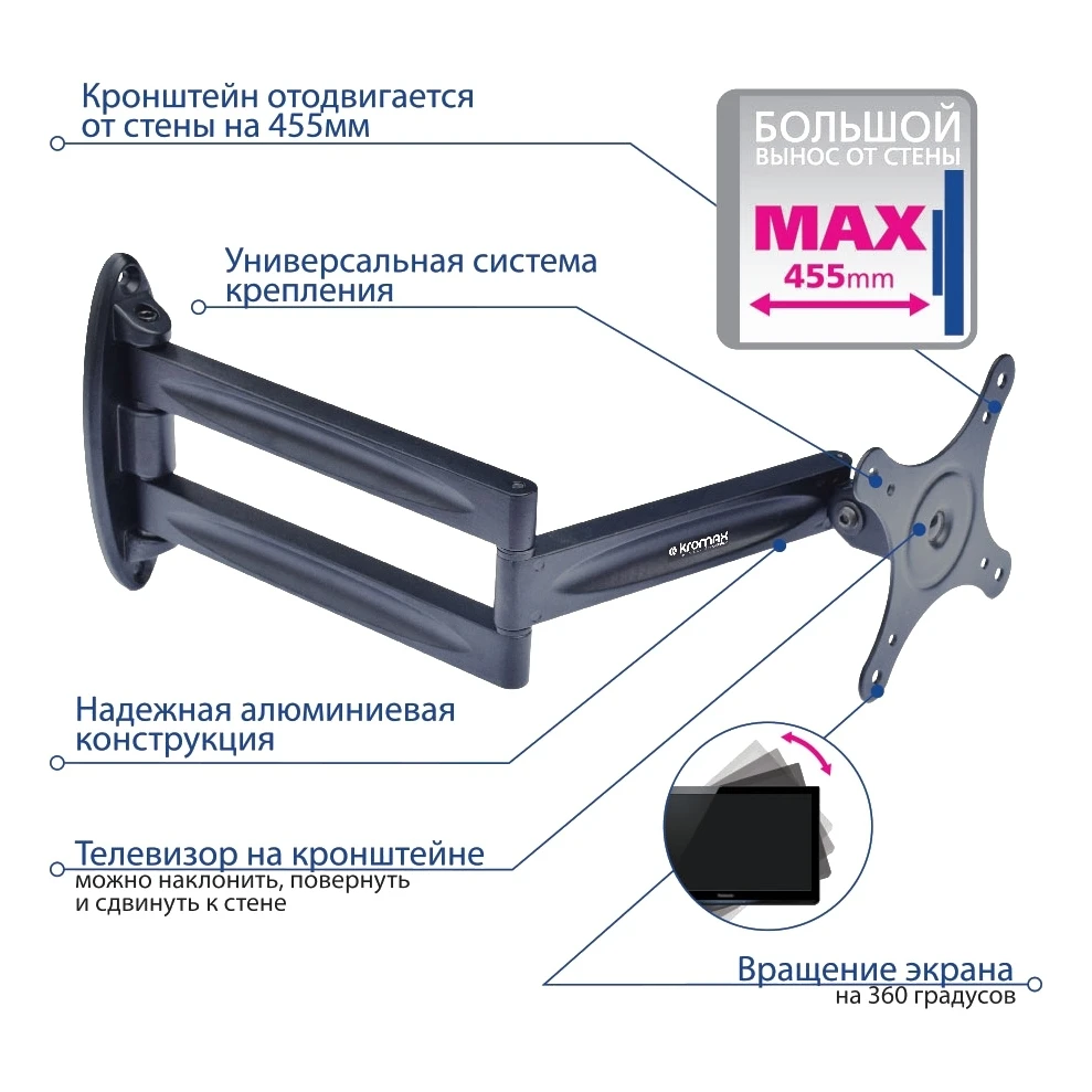 ТВ Кронштейн Kromax TECHNO-11 black (Кронштейн для LED/LCD телевизоров 10-32 дюймов, max 15 кг, настенный, наклон ±20°, поворот 180°, от стены 75-455 мм, вращение экрана 360°)