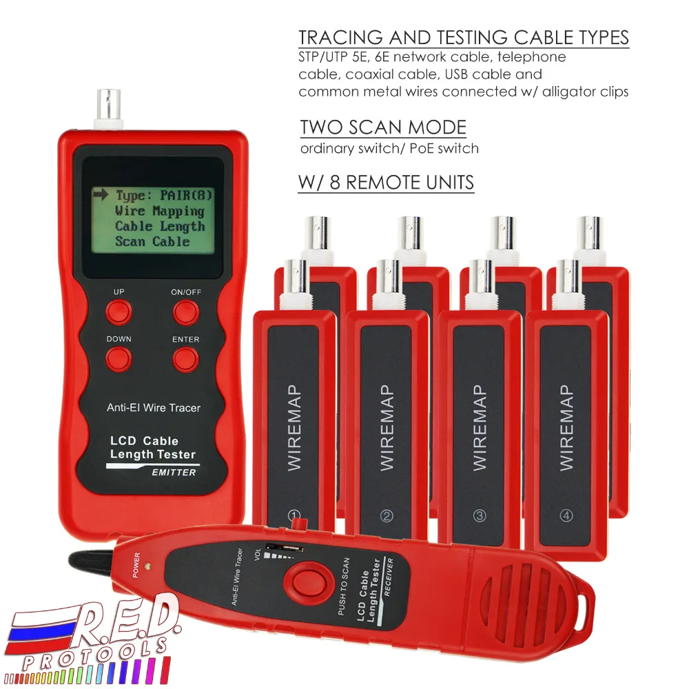 

Network Ethernet LAN Telephone Wire Cable Length Tester RJ45 RJ11 BNC Cable Tester Tracker with 8 Remote Adaptor Wiremap USB