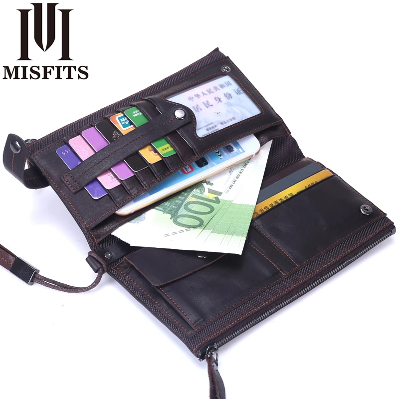 MISFITS Genuine Leather Men Long Wallet Coin Purse Organizer Cell Phone Clutch double zipper wallets Male Card Holder Money Bag