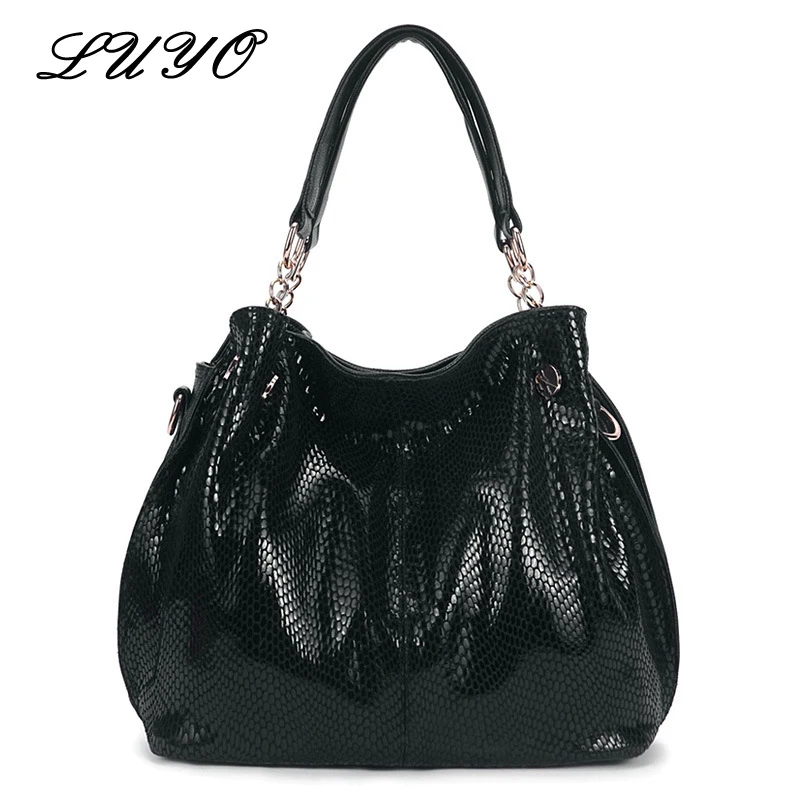 

LUYO Brand Genuine Leather Snakeskin Serpentine Hobo Women Black Shoulder Bag Bolsa Feminina Sac A Main Functional Handbags