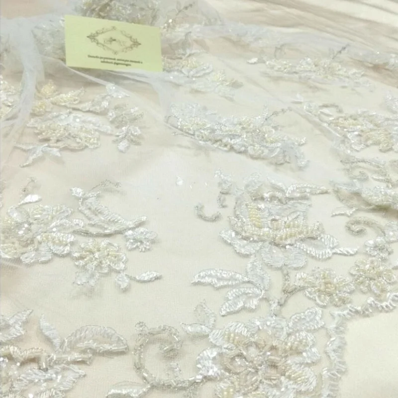 

Chloe English white bridal wedding lace with flowers and beads, fabric for wedding and evening dresses, price per one meter MA