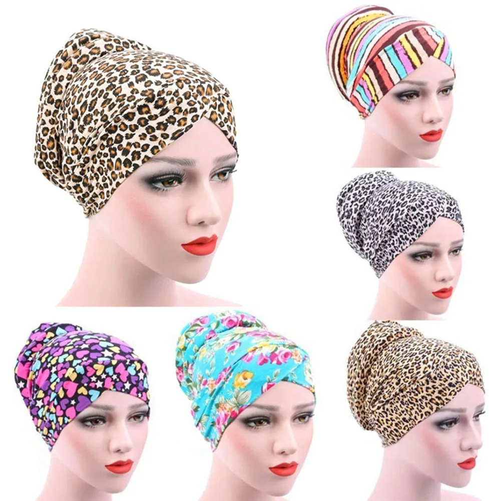Women's Leopard Muslim Stretch Turban Hat Chemo Cap Hair Loss Head