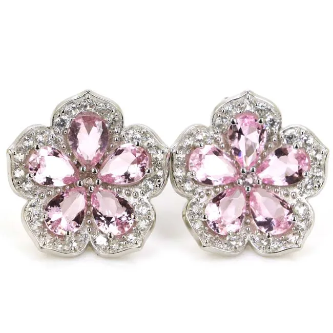 SheType 8.3g Flower Shape Pink Kunzite Tanzanite White CZ 925 Solid Sterling Silver Stud Earrings 21x20mm | Украшения и
