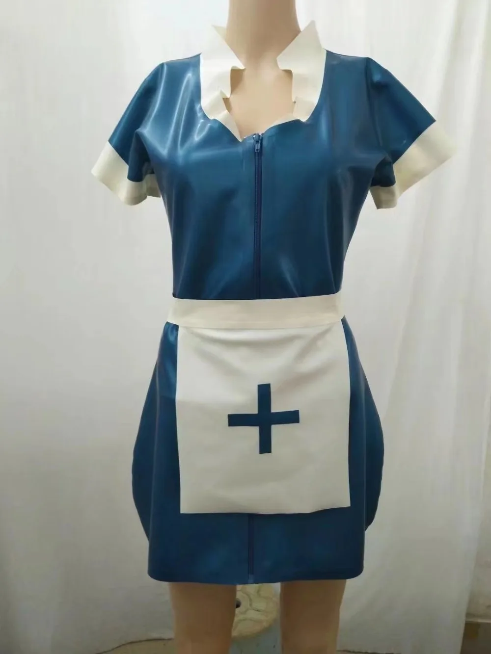 

Sexy Women's Blue Latex Maid Dress Short Sleeve Rubber One-piece Dress Latex Apron with Front Zip