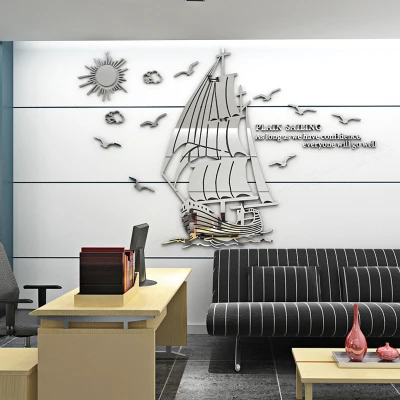 С возможностью креативного самостоятельного выбора между парусник Акриловые 3d наклейки на стену гостиная для декора офисных стен китайский Стиль зеркальные настенные наклейки гладко - Цвет: Серебристый