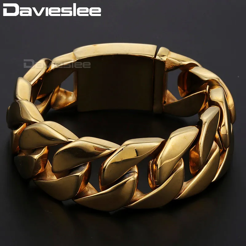 

Davieslee Mens Biker Wristband Gold-color Round Curb Link 316L Stainless Steel Bracelet Bangle (24mm Wide ) DLHB321