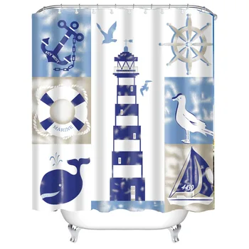 

Nautical Sea Beach Seashell Starfish Lighthouse Ocean Marine Sailboat shell starfish Bathroom Shower Curtain