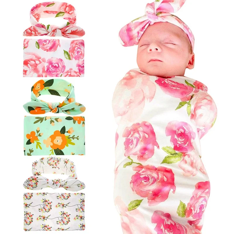 Newborn Muslin Swaddle Set with Headband Baby Blanket Floral Muslin