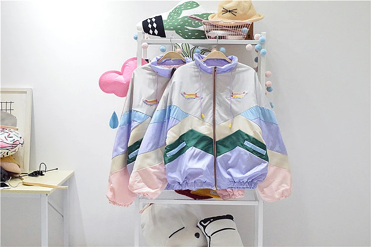 Бейсбольная спортивная куртка в японском стиле, ветровка для тенниса, Непромокаемая Куртка пастельных цветов с нашивками, дождевик с капюшоном