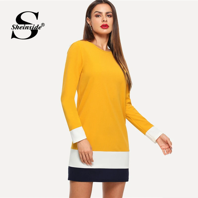 Sheinside Ginger Color Block Tunic Dress Women Autumn Clothes Long Sleeve Shift Dresses 2018 Ladies Workwear Casual Mini Dress
