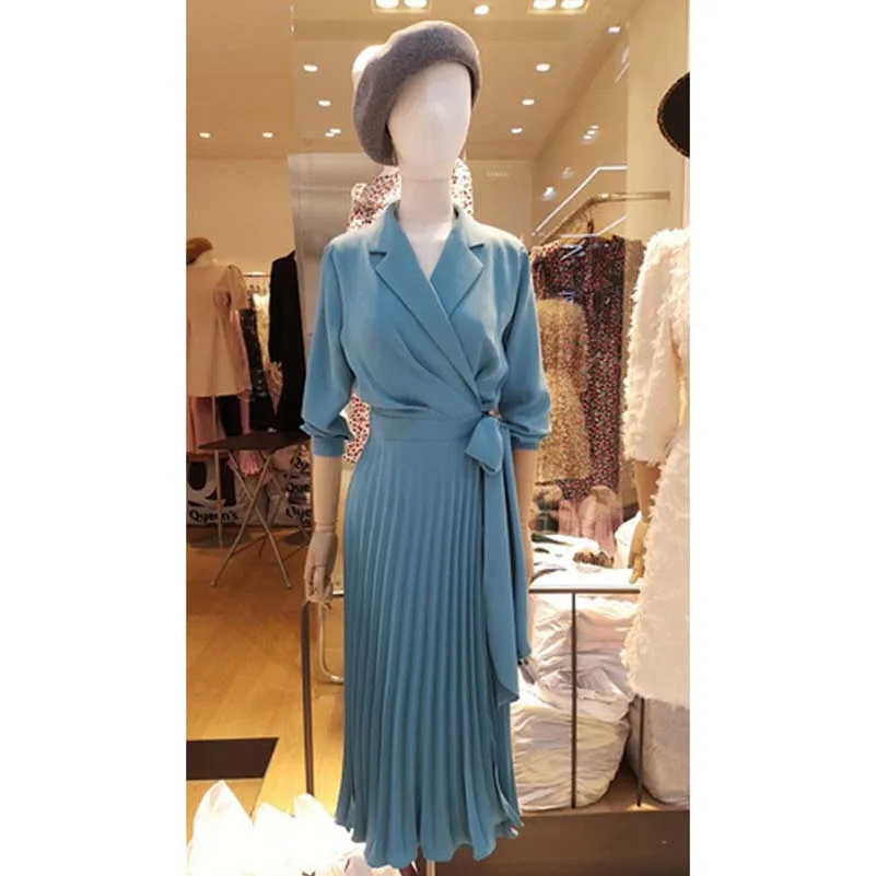 

NiceMix Brand Design 2019 Spring Summer Runway Long Sleeve Adjust waist Pleated Bow Sashes Dress Fashion Notched Collar Blazer