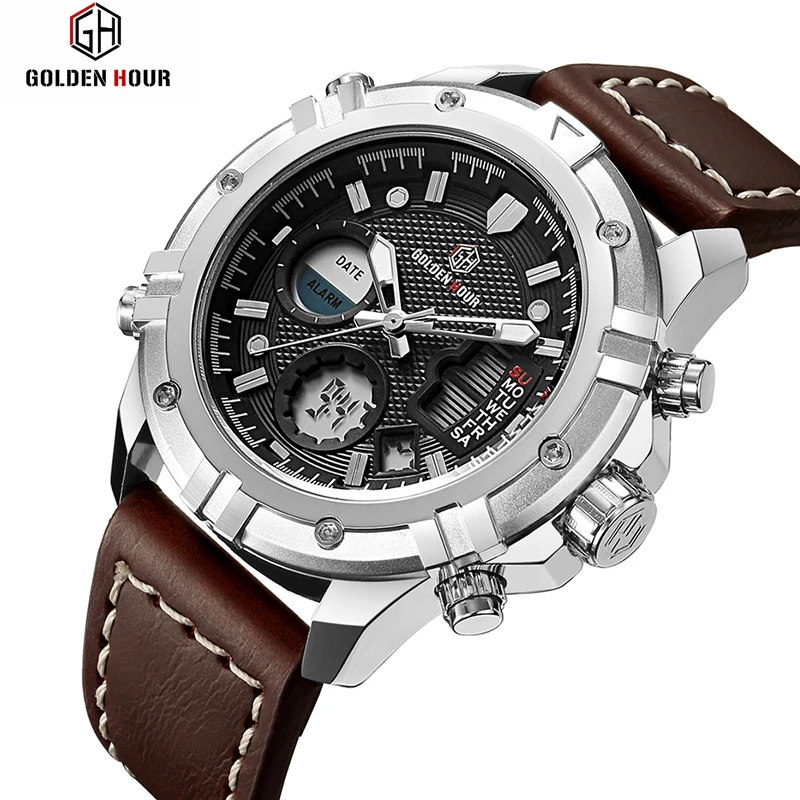 

Fashion LED Sport Men Watch Chronograph Casual Watch Men Luxury Brand Digital Military Watch Genuine Leather Men's Wristwatch