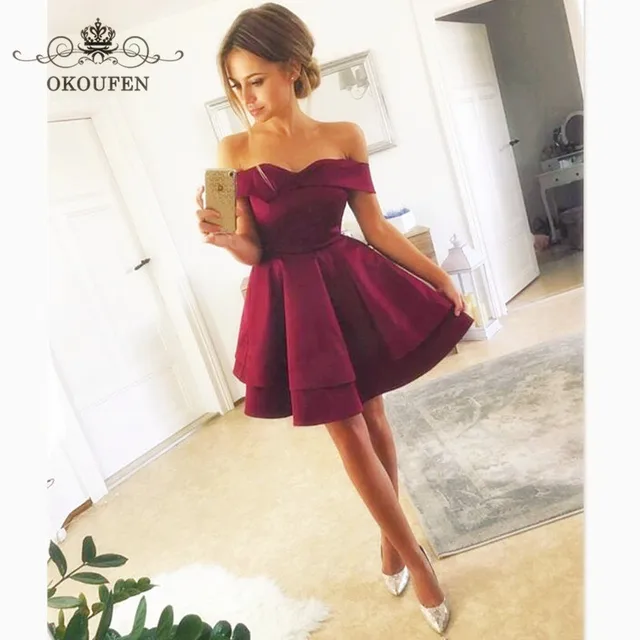 Special Price Under 100 Cheap Short Mini Bridesmaid Dresses Pleat A Line 2018 Burgundy Satin Sexy Off Shoulder Party Dress For Women